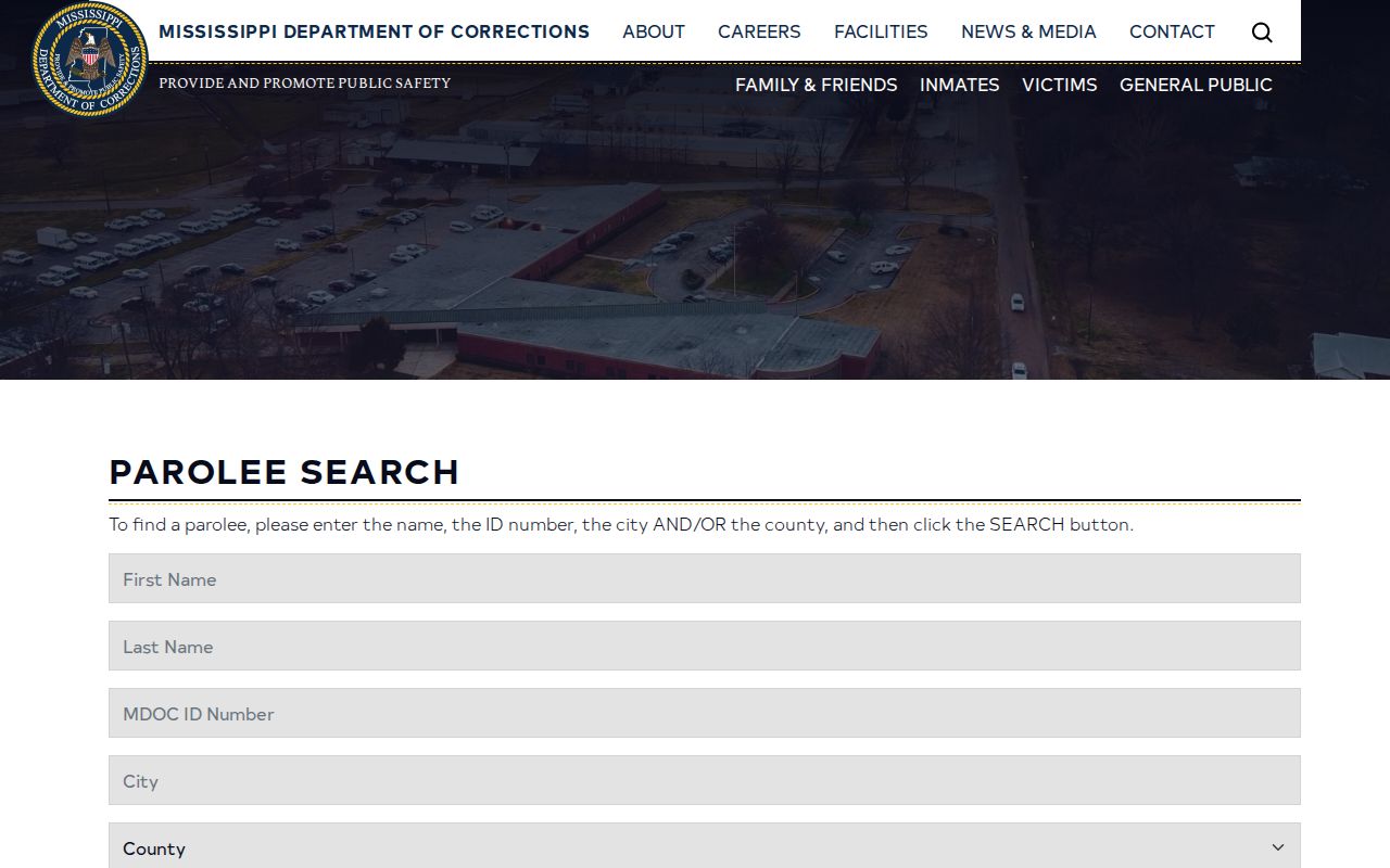 Amite County parole and probation search fields on the MDOC Parolee Search